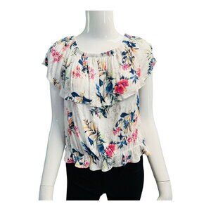 American Eagle Off the Shoulder Floral Crop Top~Size Small~White Pink Blouse